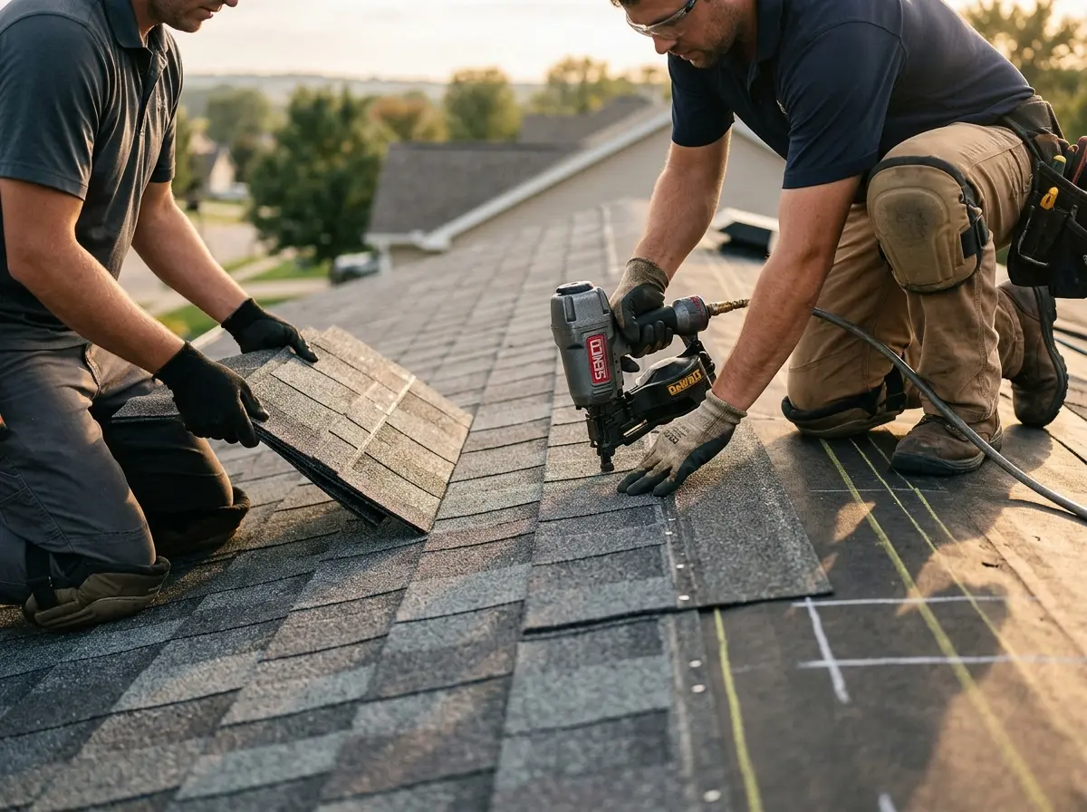 Professional roofer working on a residential roof in Raceland